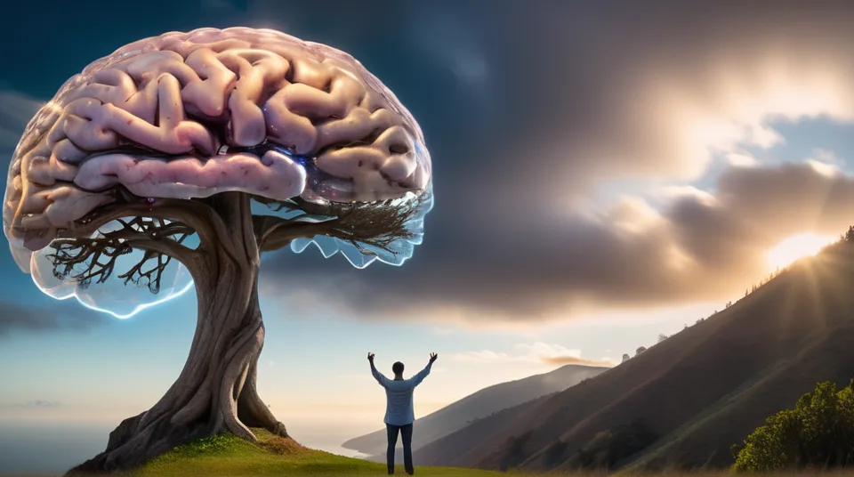 Illustration of a giant translucent brain growing as the crown of a tree on a grassy hilltop, with a small figure below raising both arms toward it under a dramatic sky.
