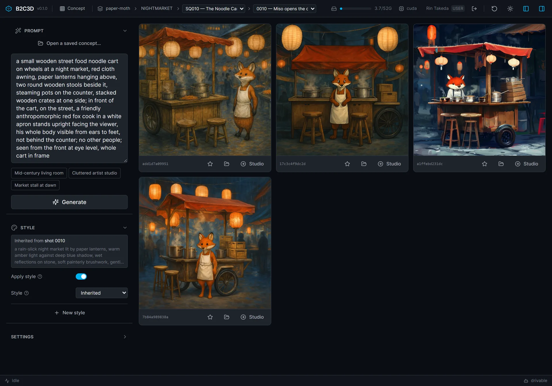The Concept app with a prompt describing a noodle cart and a fox cook, and four painted variations of the scene in a grid.