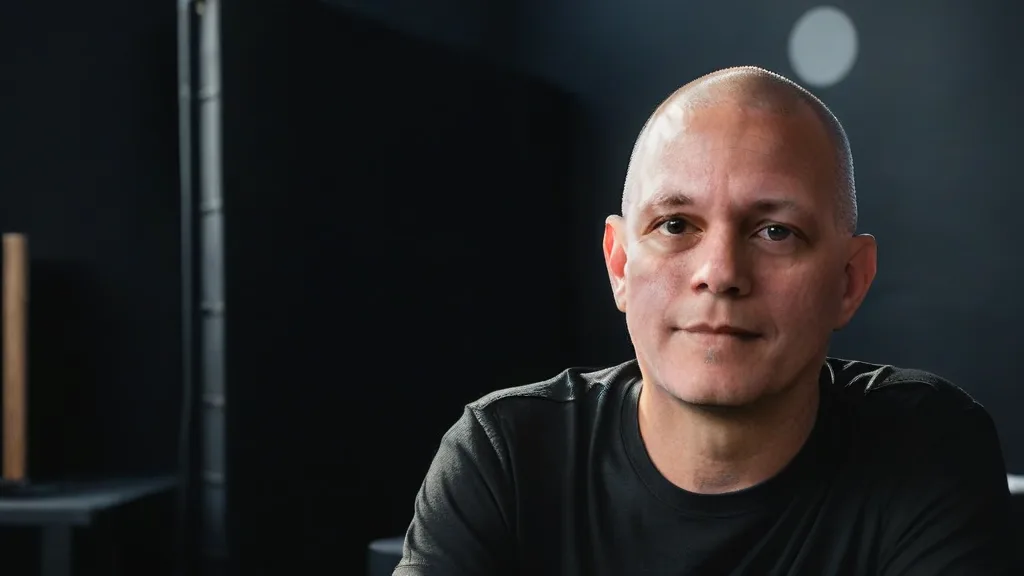 Eddie Offermann in a black T-shirt, in a dark, minimal studio